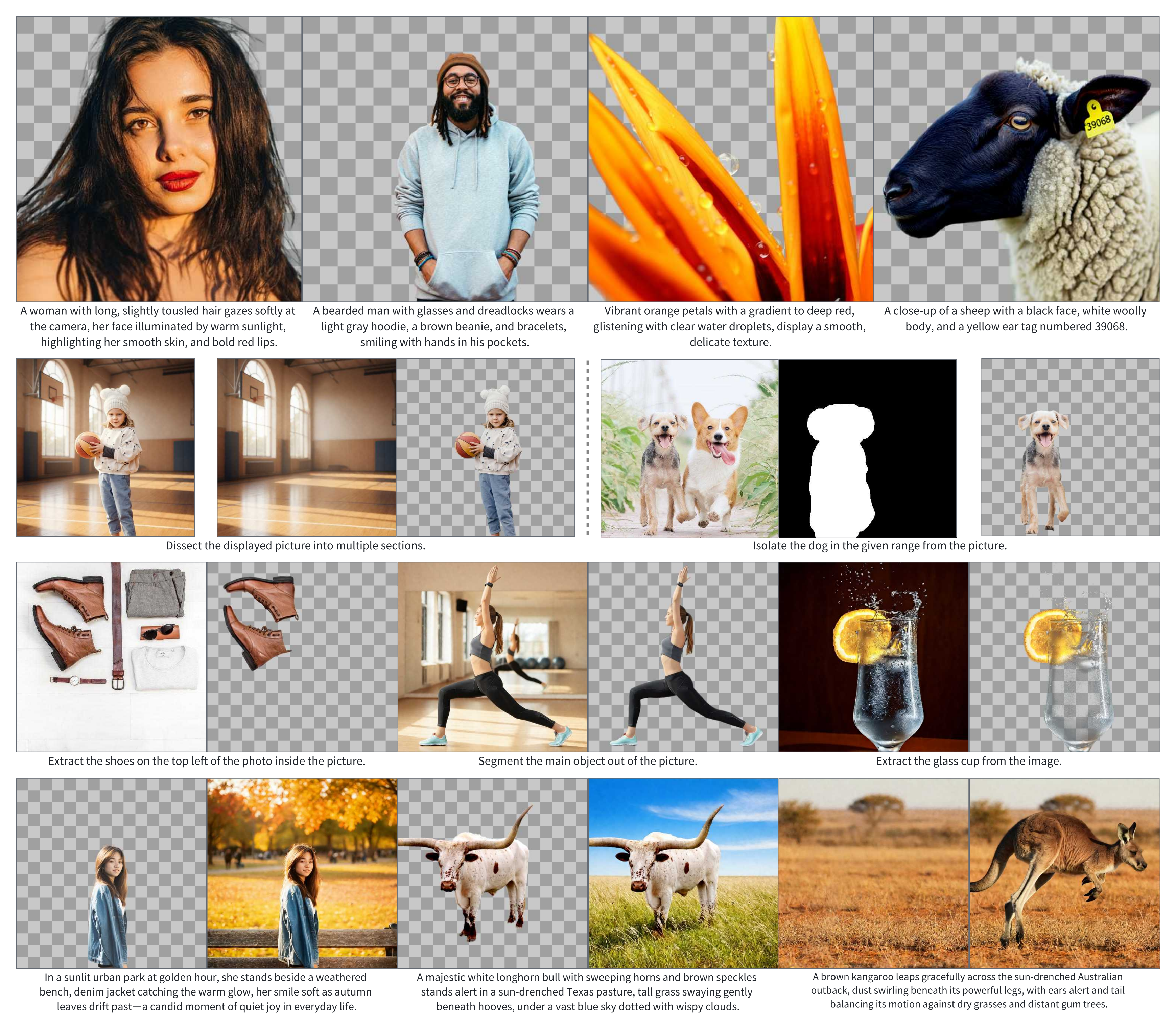 OmniAlpha examples of transparent image generation, matting, and layer decomposition.